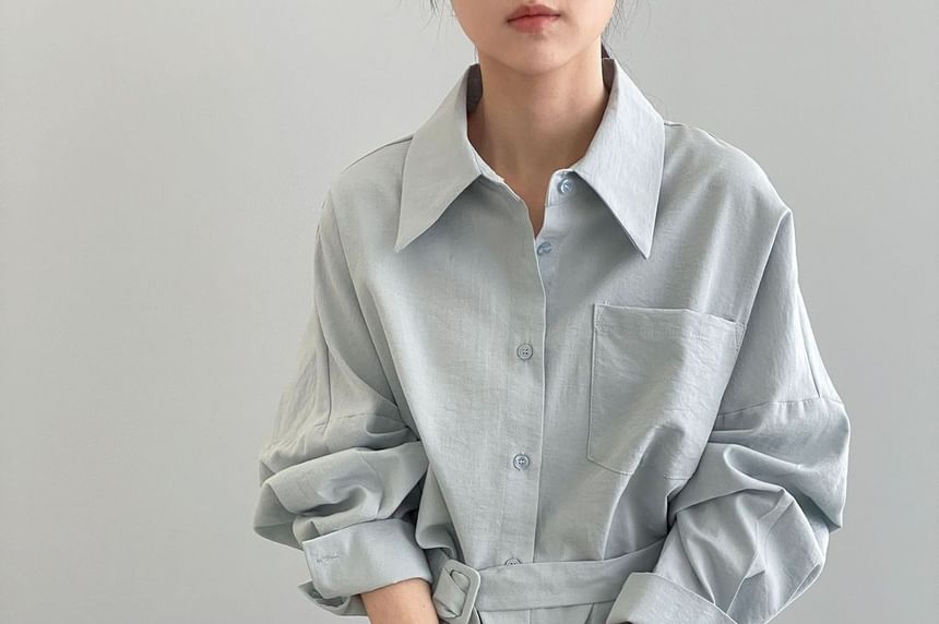 Belted Collared Long Sleeve Solid Shirt