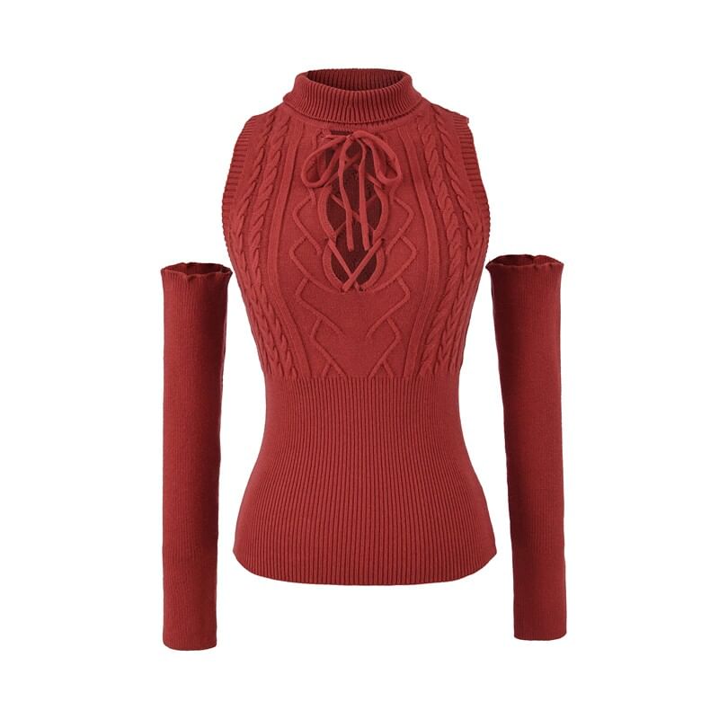 Sleeveless Mock Neck Cutout Lace Up Knit Top with Arm Sleeves