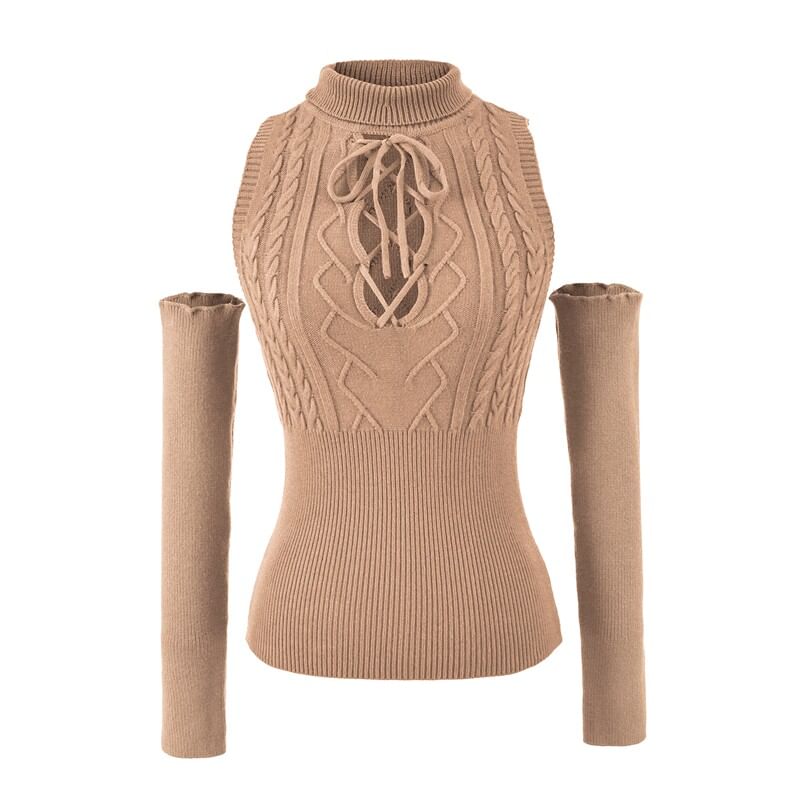 Sleeveless Mock Neck Cutout Lace Up Knit Top with Arm Sleeves