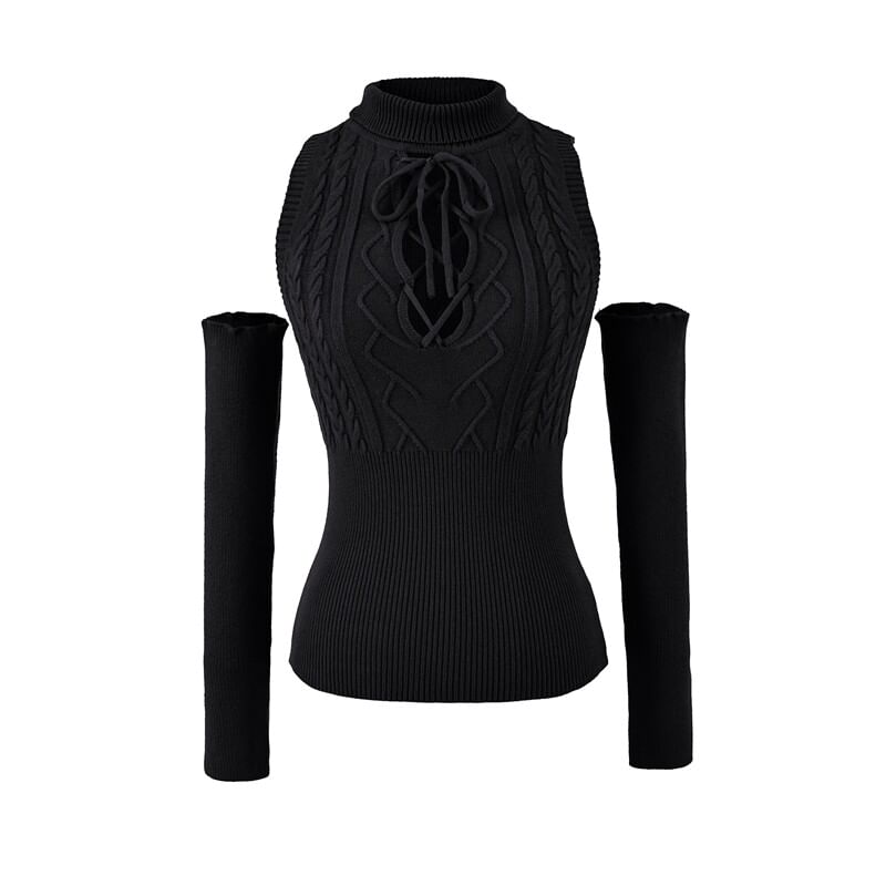 Sleeveless Mock Neck Cutout Lace Up Knit Top with Arm Sleeves