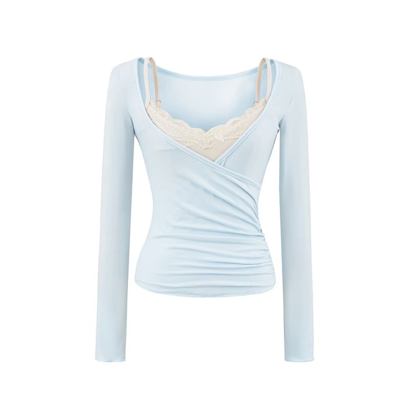 Long Sleeve Deep Plunge Ruched Wrap Top with Lace Camisole