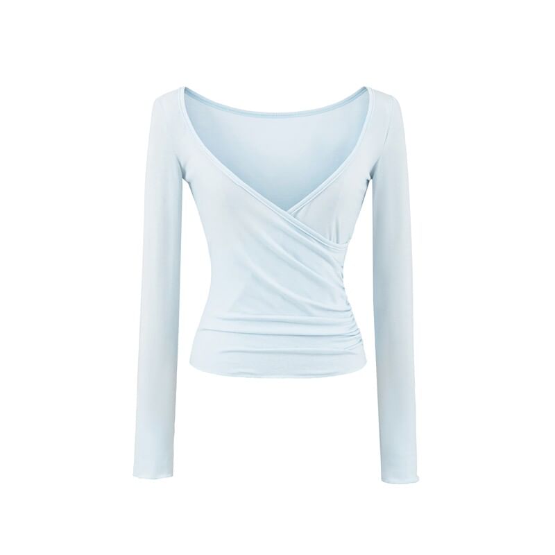 Long Sleeve Deep Plunge Ruched Wrap Top with Lace Camisole