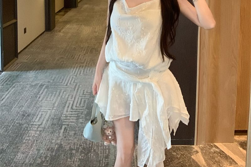 Spaghetti Strap Cowl Neck Tie Waist Mini A-Line Dress