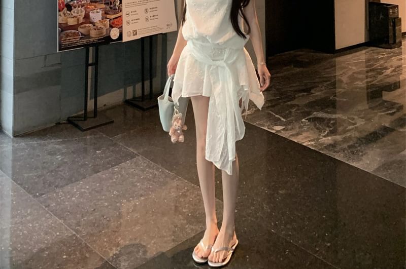 Spaghetti Strap Cowl Neck Tie Waist Mini A-Line Dress