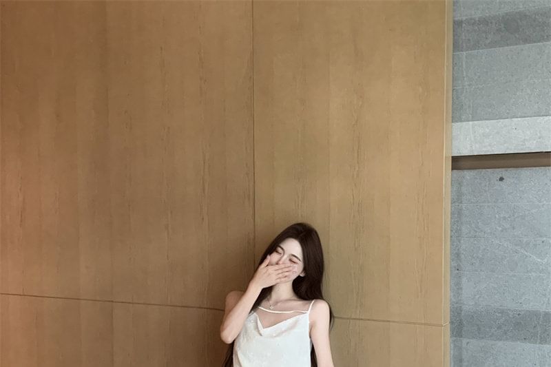Spaghetti Strap Cowl Neck Tie Waist Mini A-Line Dress