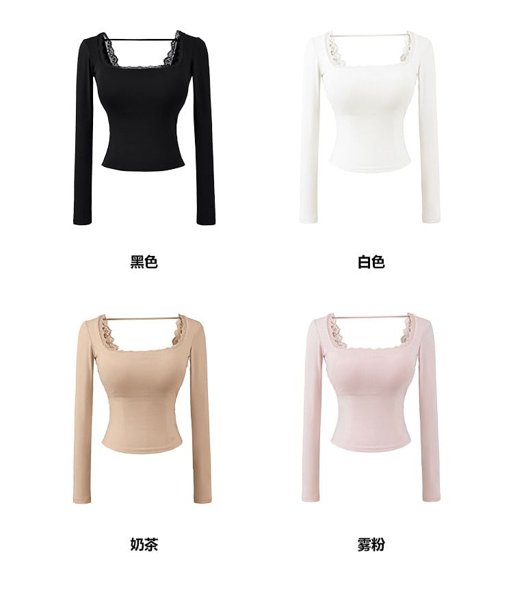 Scoop Neck Lace-Trim T-Shirt with Long Sleeves