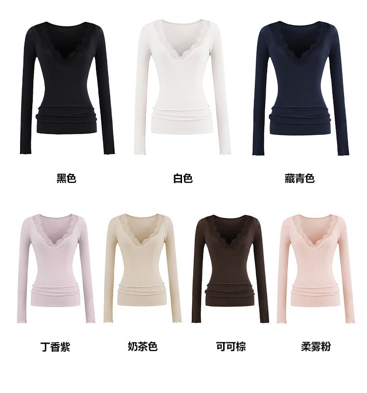 V-Neck Lace-Trim Slim Fit T-Shirt with Long Sleeves