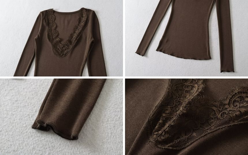 V-Neck Lace-Trim Slim Fit T-Shirt with Long Sleeves