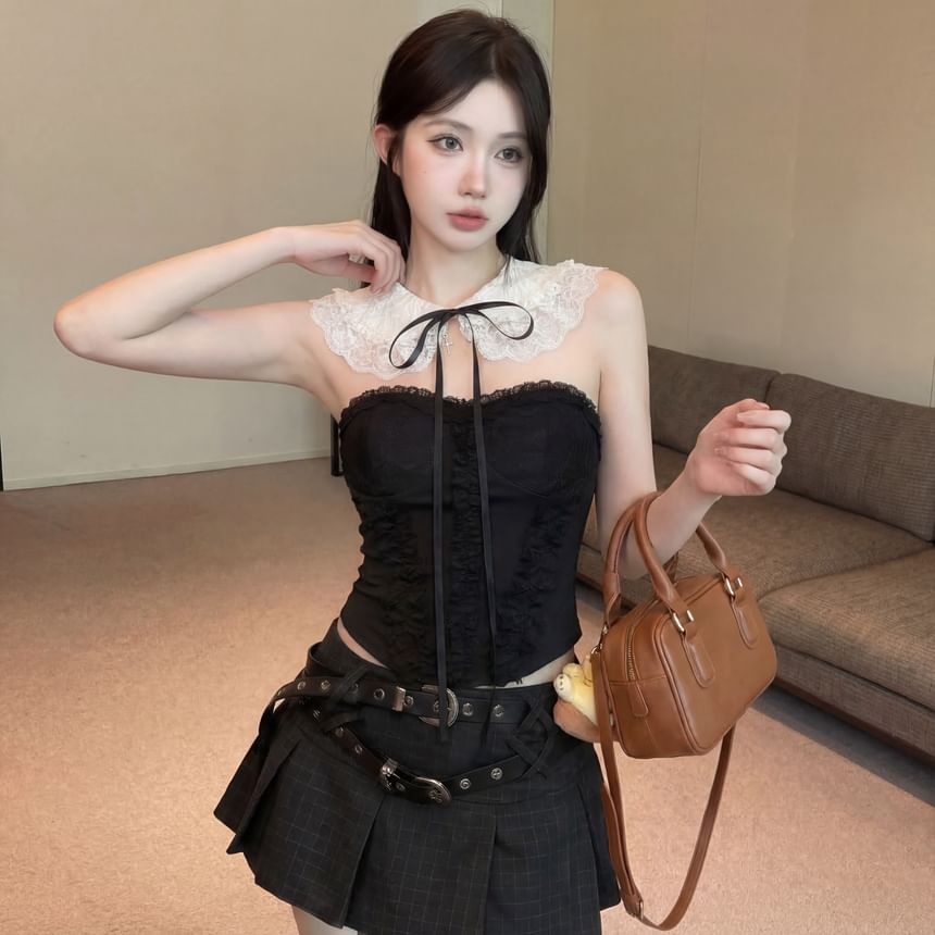 Padded Lace Panel Satin Crop Tube Top