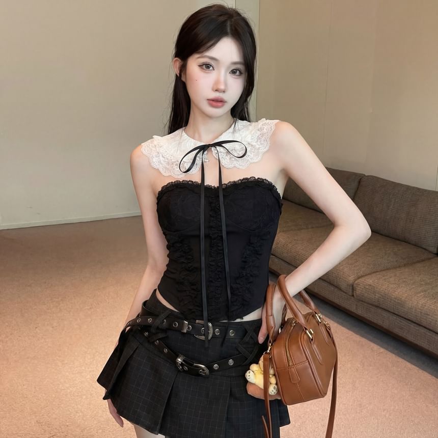 Padded Lace Panel Satin Crop Tube Top