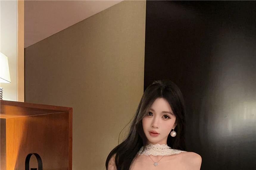 Halter Lace Panel Crop Top with High-Waisted Frill Skort