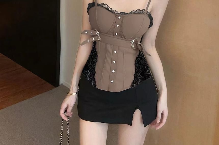 Buckled Lace Panel Crop Camisole
