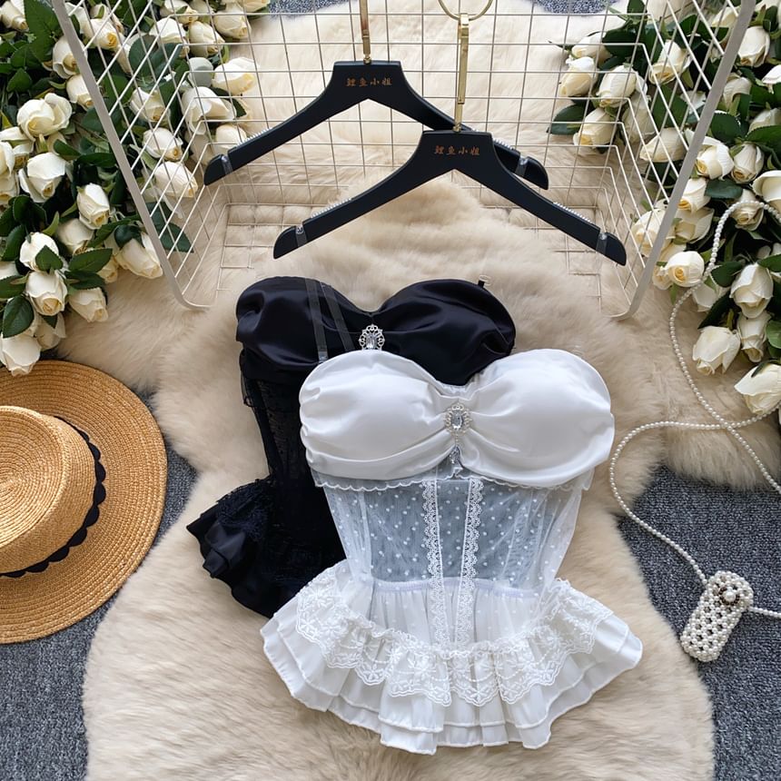 Detachable Strap Rhinestone Peplum Mesh Bustier Top
