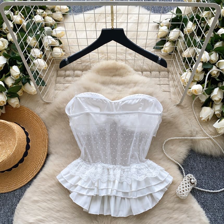 Detachable Strap Rhinestone Peplum Mesh Bustier Top