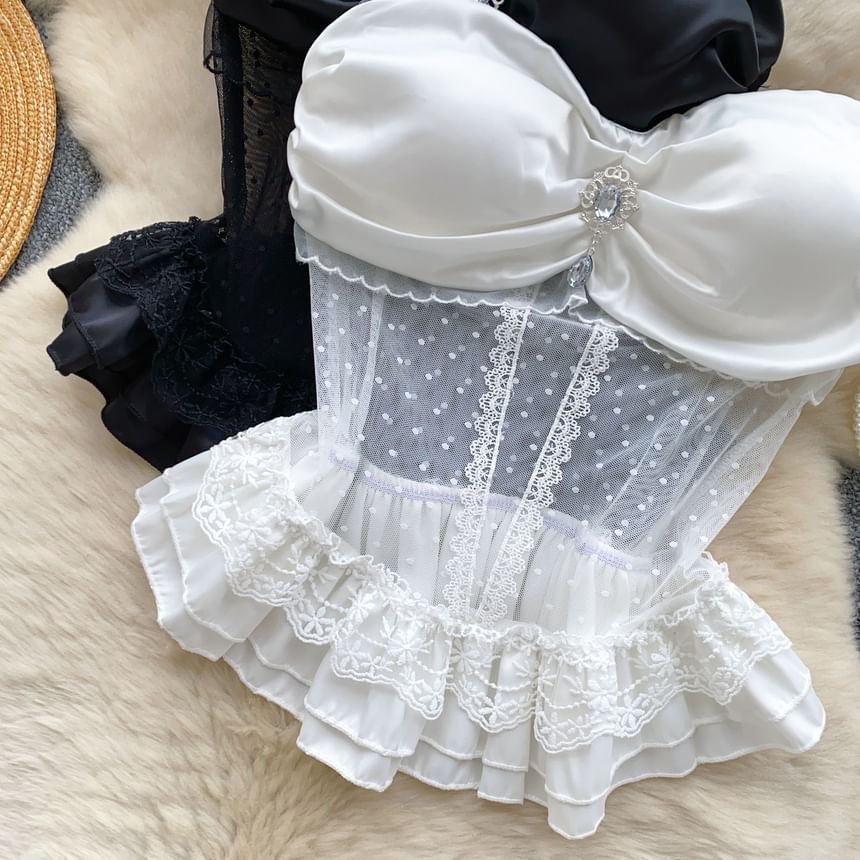Detachable Strap Rhinestone Peplum Mesh Bustier Top