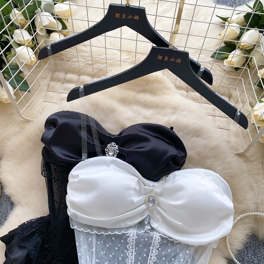 Detachable Strap Rhinestone Peplum Mesh Bustier Top
