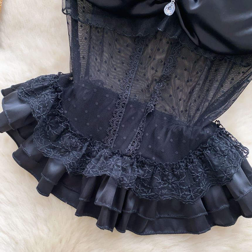 Detachable Strap Rhinestone Peplum Mesh Bustier Top