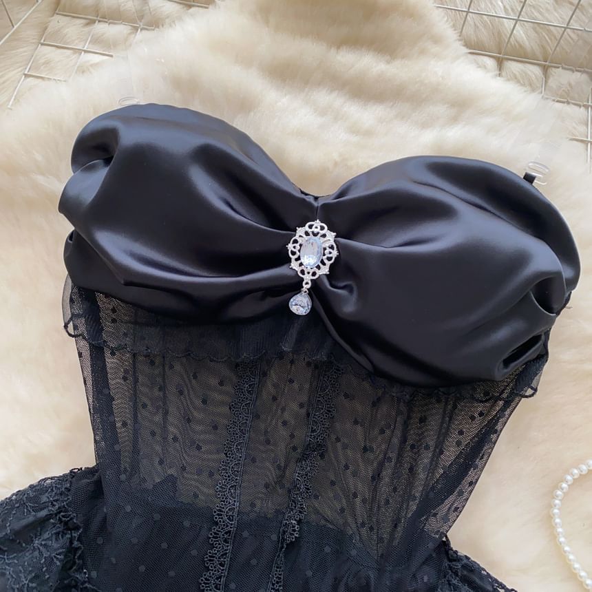 Detachable Strap Rhinestone Peplum Mesh Bustier Top