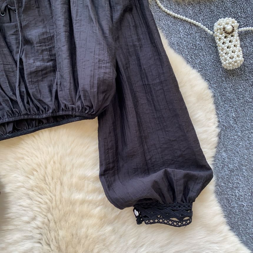 Off-Shoulder Long Sleeve Lace Up Blouse