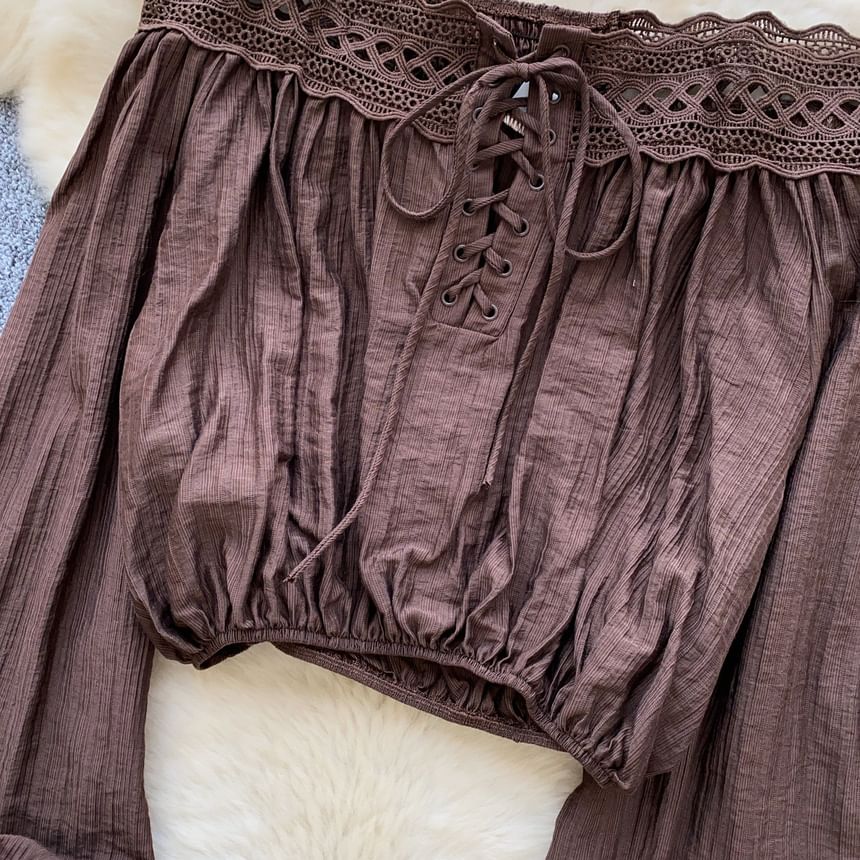 Off-Shoulder Long Sleeve Lace Up Blouse