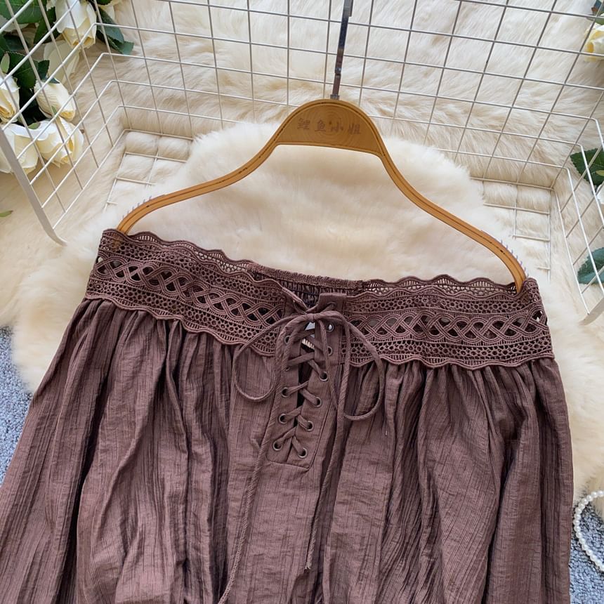 Off-Shoulder Long Sleeve Lace Up Blouse