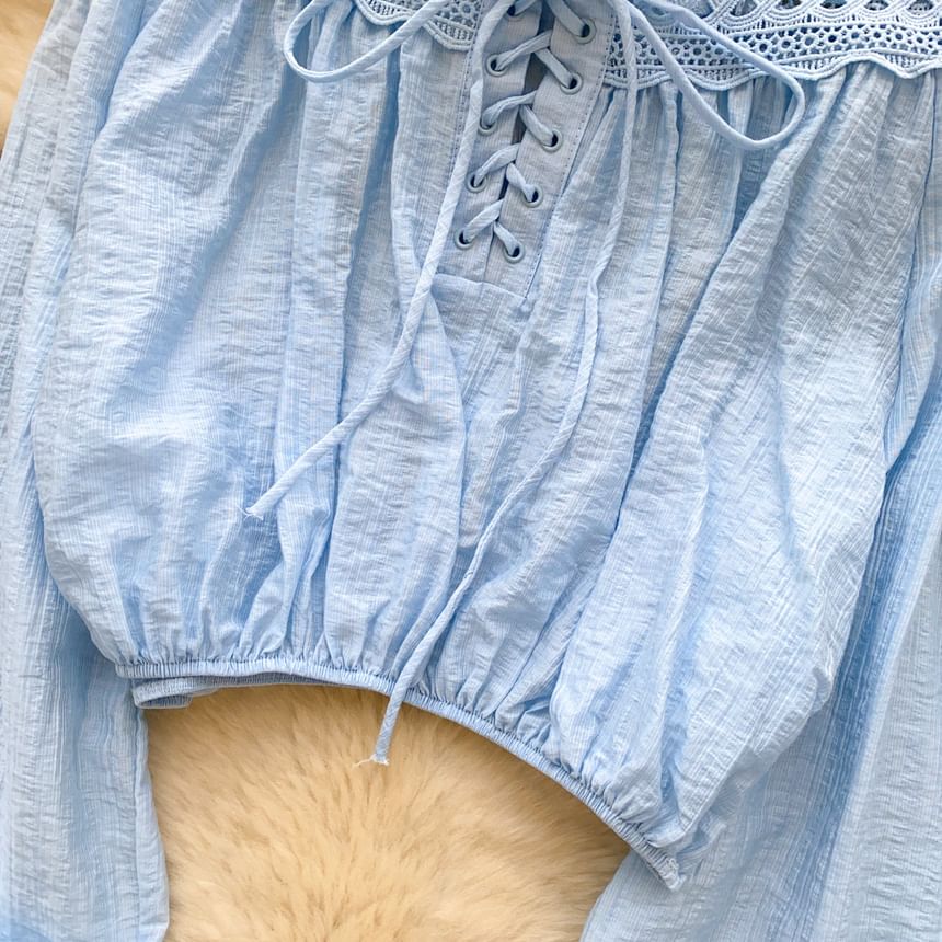 Off-Shoulder Long Sleeve Lace Up Blouse