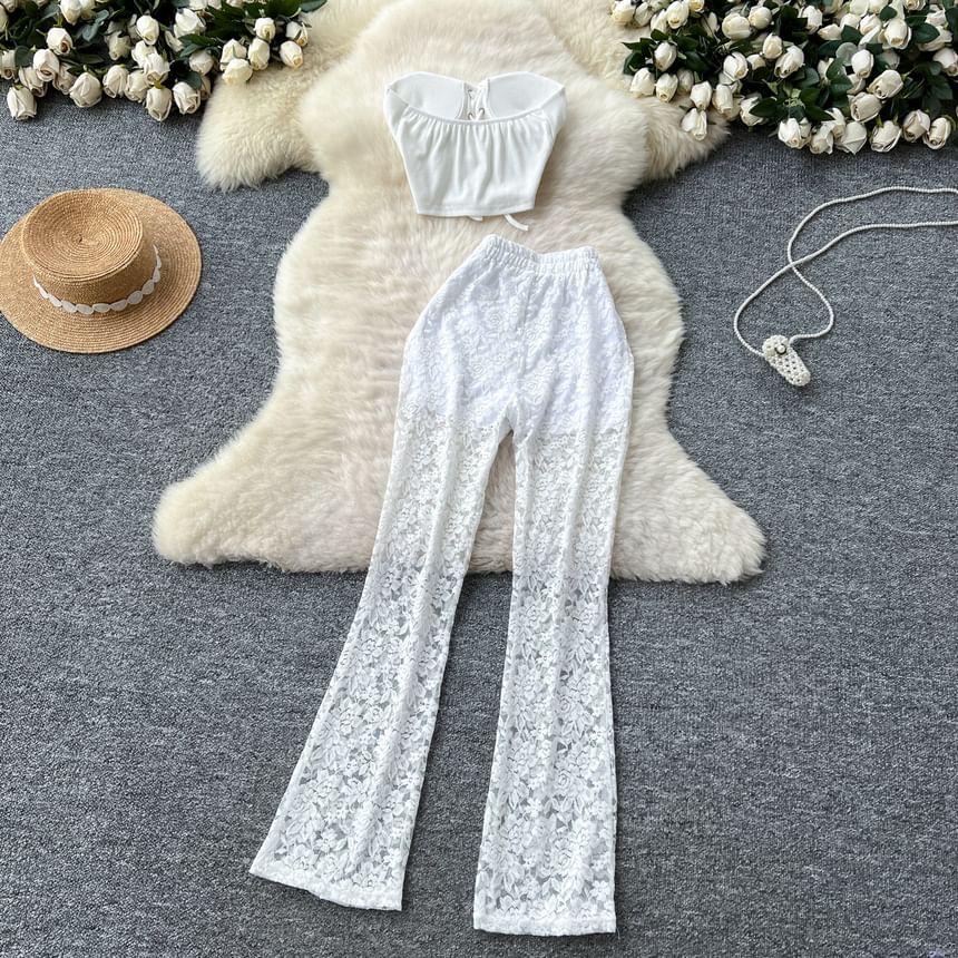 Padded Crop Tube Top with High Waist Lace Flared Pants