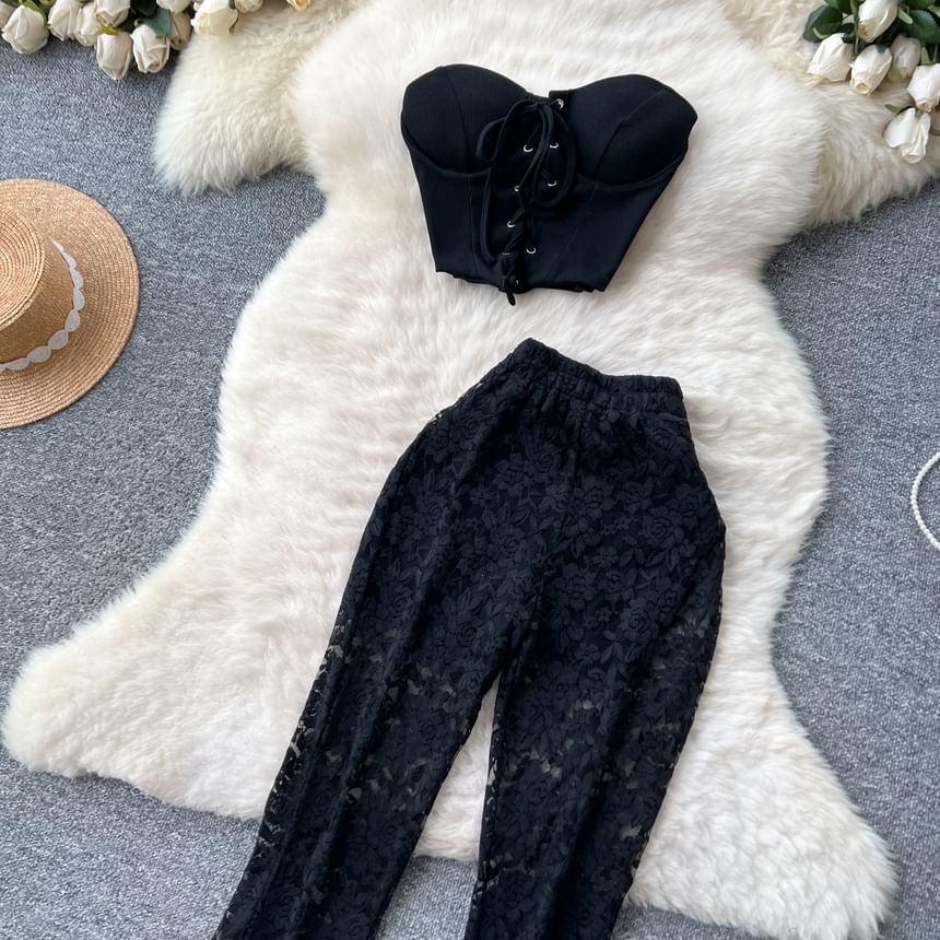Padded Crop Tube Top with High Waist Lace Flared Pants