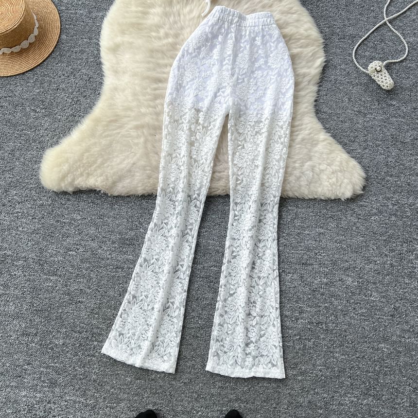 Padded Crop Tube Top with High Waist Lace Flared Pants