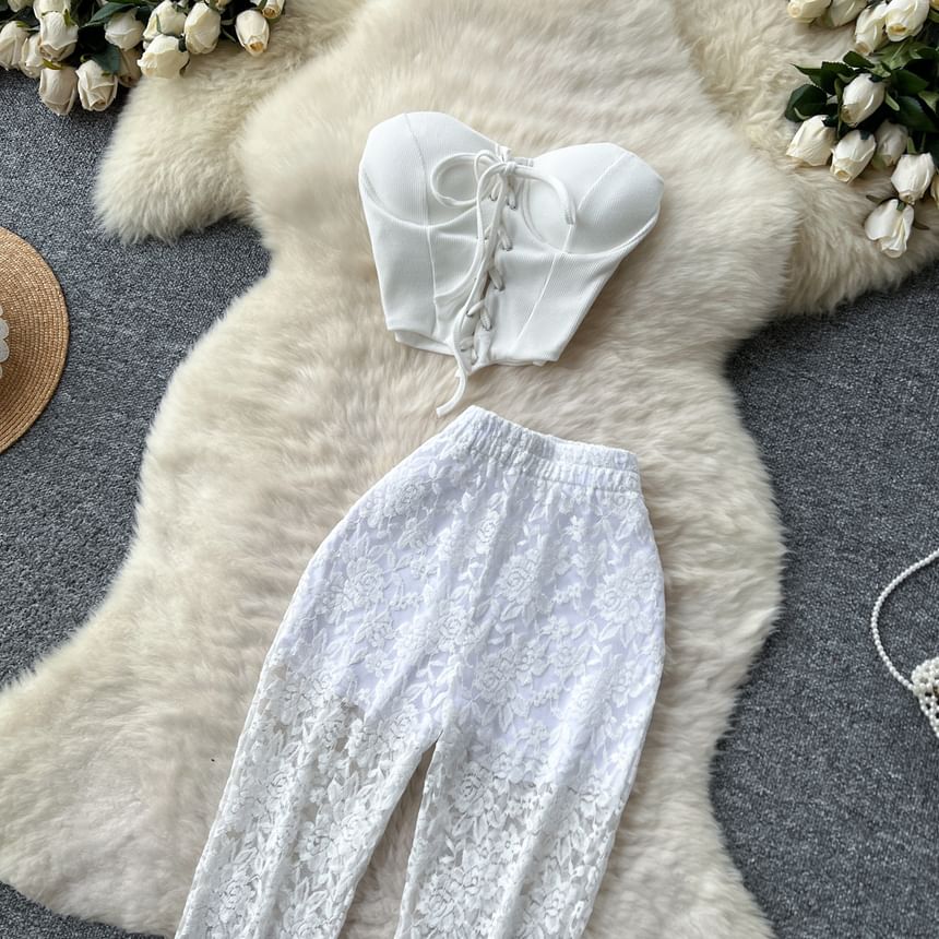 Padded Crop Tube Top with High Waist Lace Flared Pants