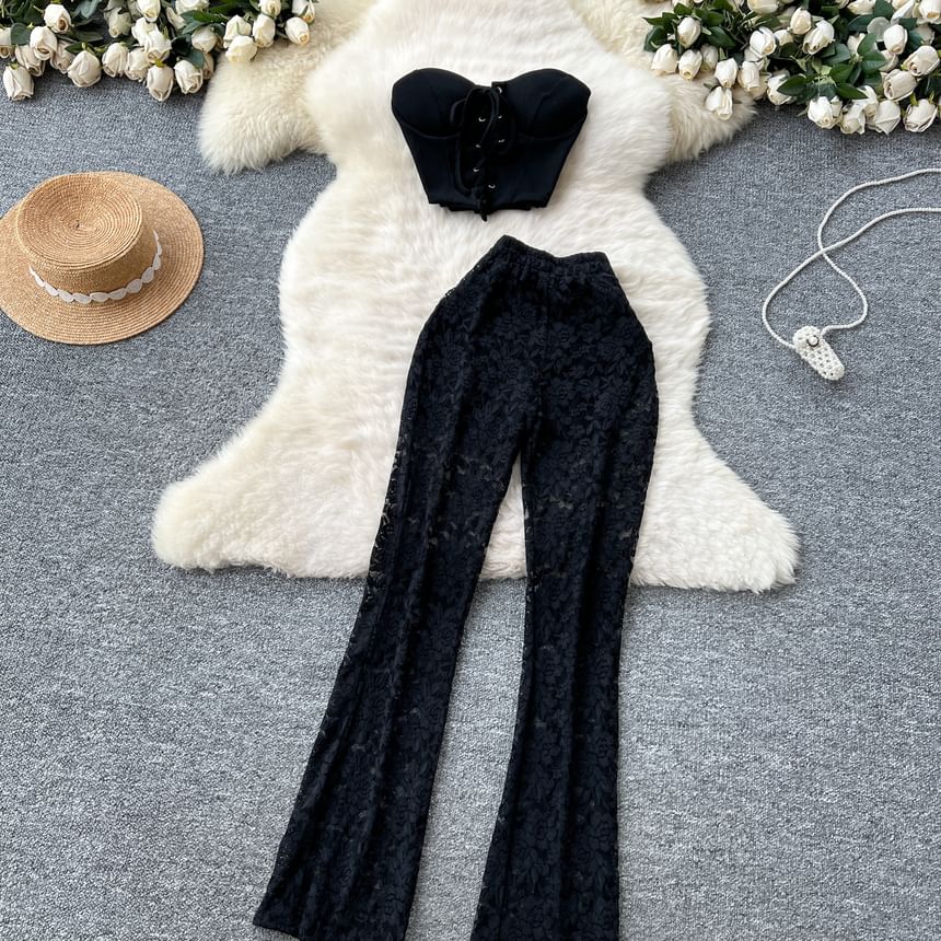 Padded Crop Tube Top with High Waist Lace Flared Pants