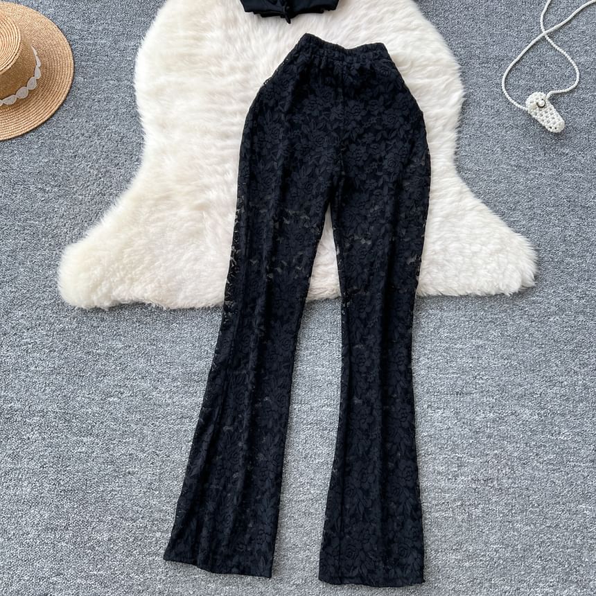Padded Crop Tube Top with High Waist Lace Flared Pants