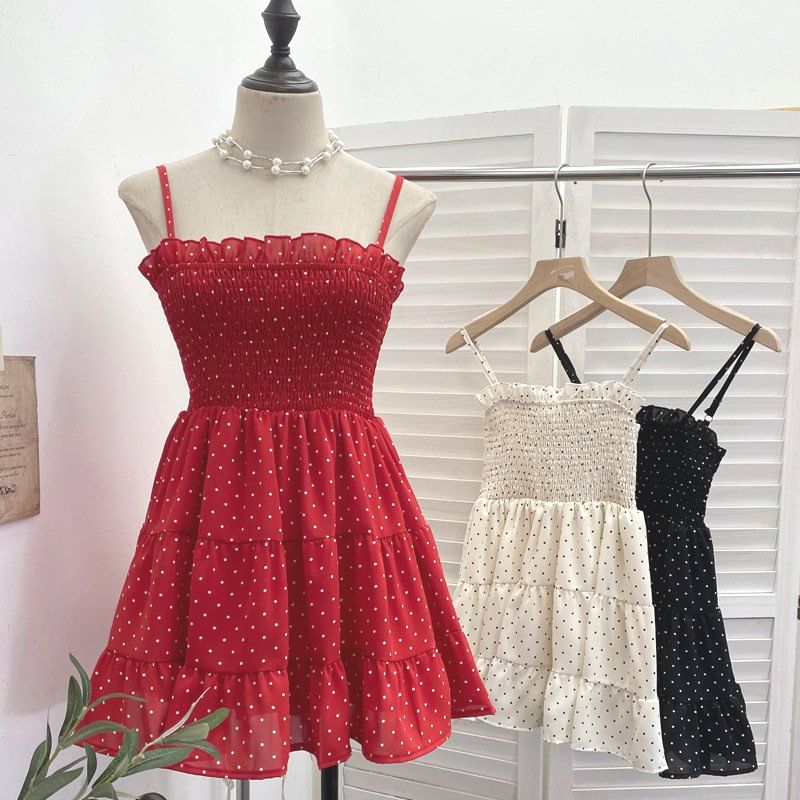 Spaghetti Strap Dotted Tiered Shirred Mini A-Line Dress
