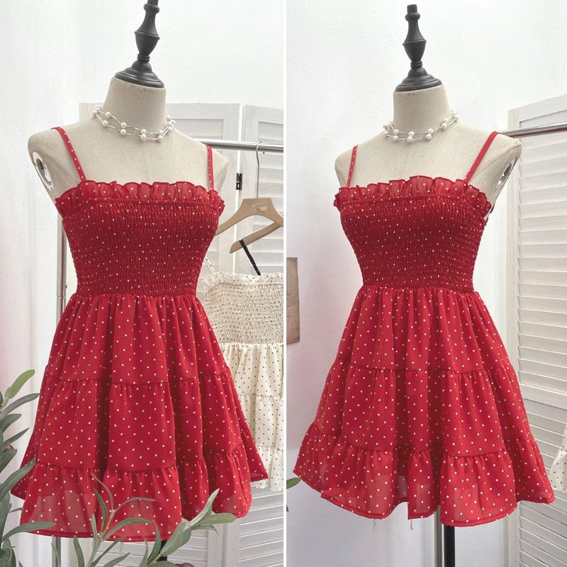 Spaghetti Strap Dotted Tiered Shirred Mini A-Line Dress