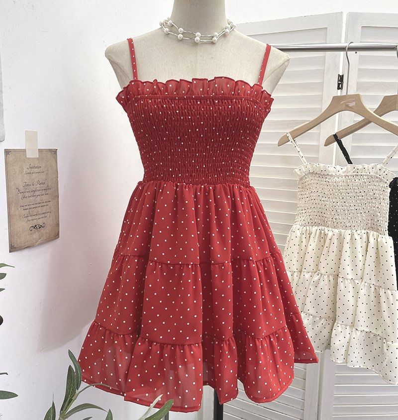 Spaghetti Strap Dotted Tiered Shirred Mini A-Line Dress