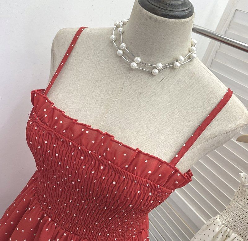 Spaghetti Strap Dotted Tiered Shirred Mini A-Line Dress
