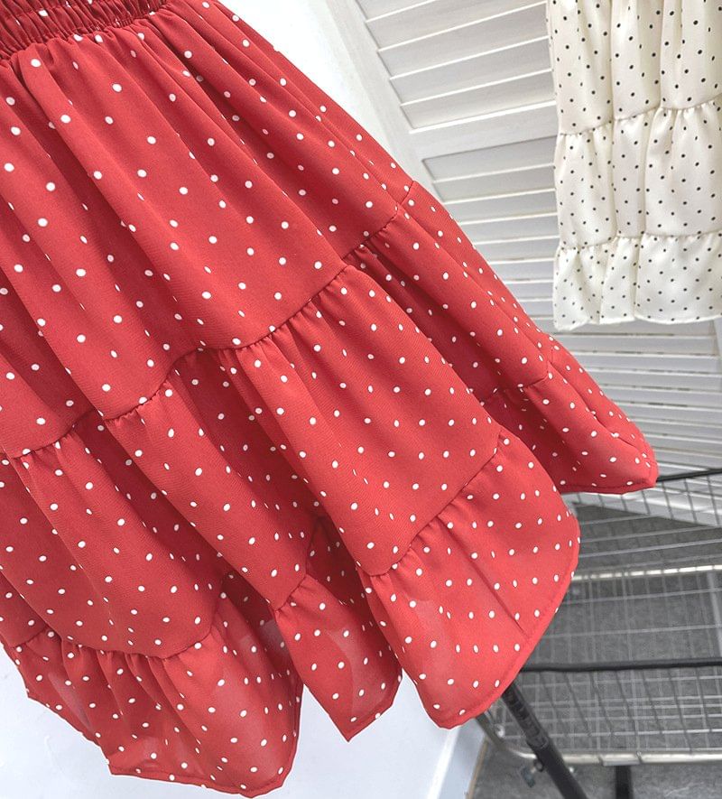 Spaghetti Strap Dotted Tiered Shirred Mini A-Line Dress
