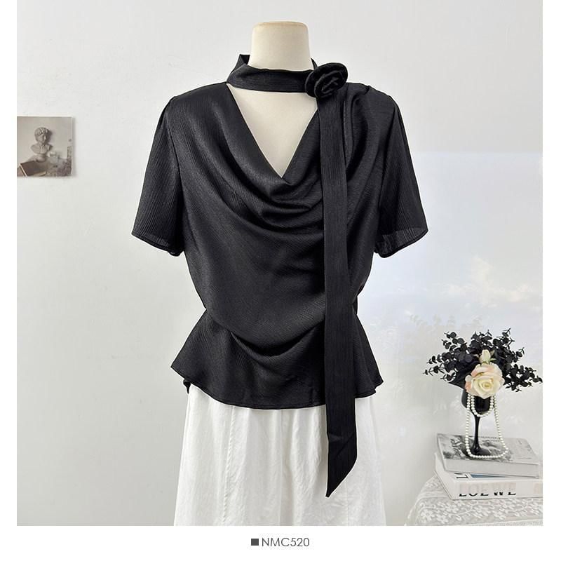 Cowl Neck Short Sleeve Solid Tee