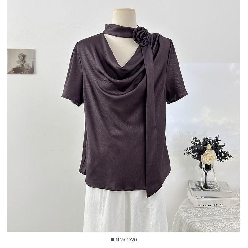 Cowl Neck Short Sleeve Solid Tee