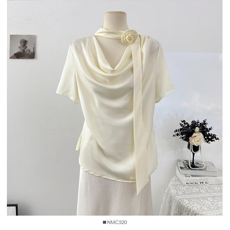 Cowl Neck Short Sleeve Solid Tee