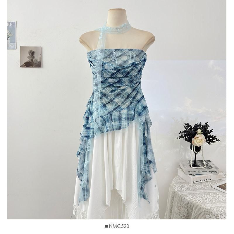 Sheer Plaid Tube Top with Asymmetrical Hem