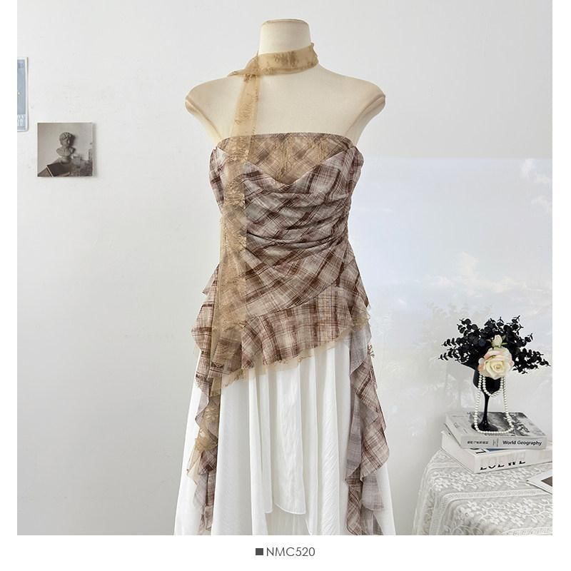 Sheer Plaid Tube Top with Asymmetrical Hem