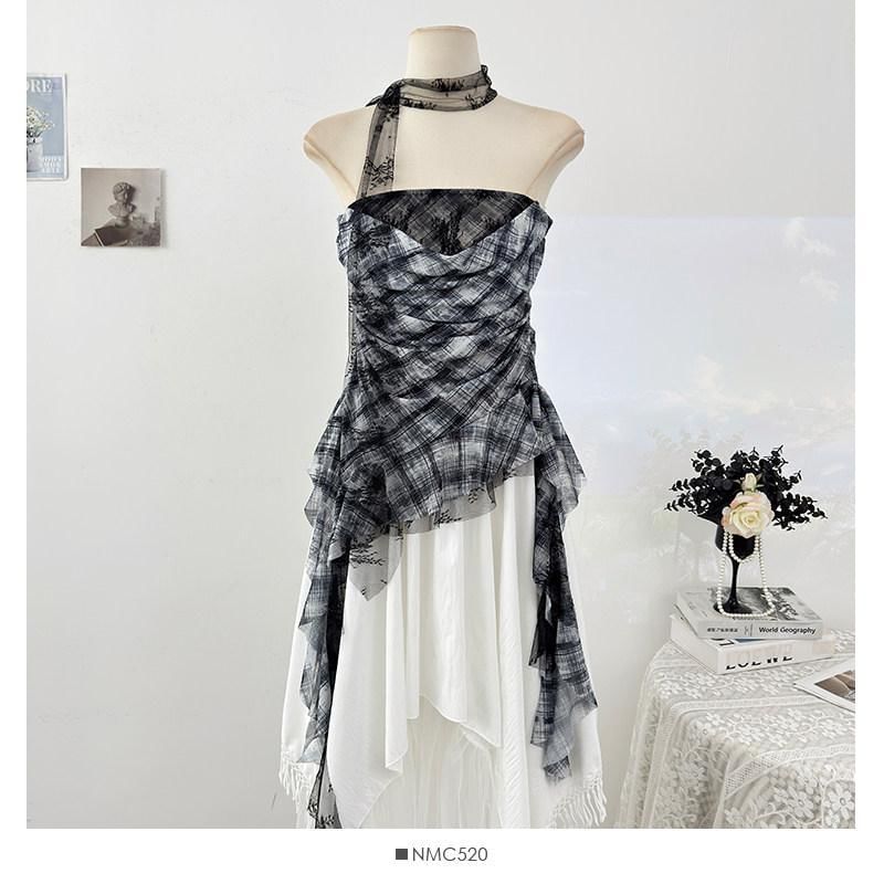 Sheer Plaid Tube Top with Asymmetrical Hem