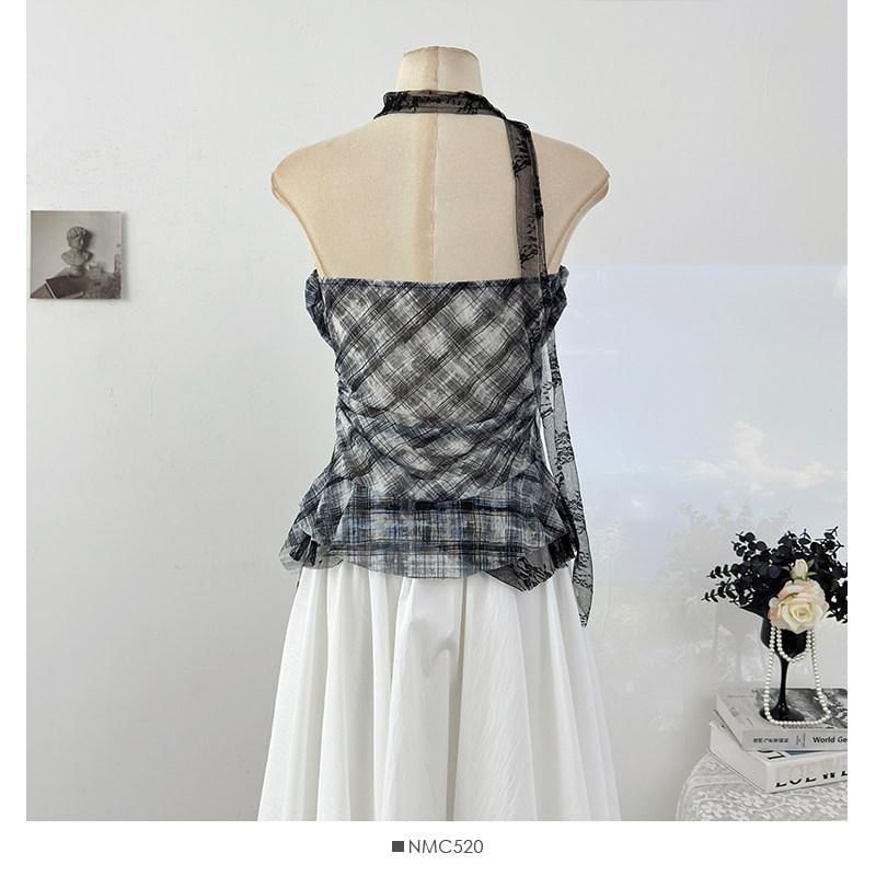 Sheer Plaid Tube Top with Asymmetrical Hem