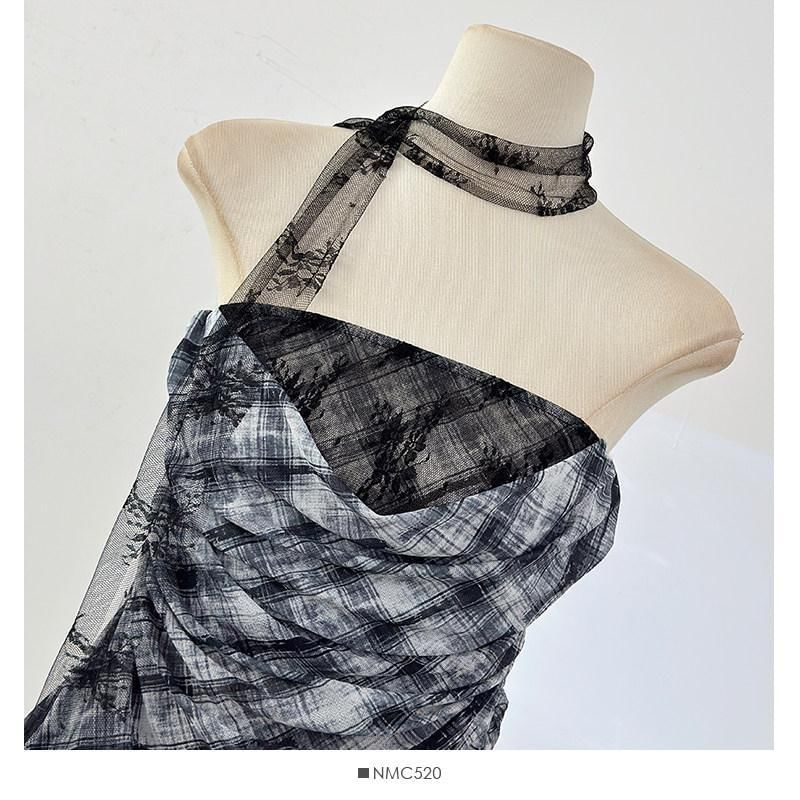 Sheer Plaid Tube Top with Asymmetrical Hem