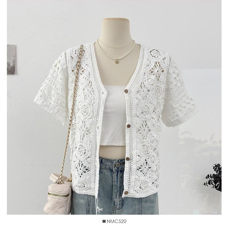 Button-Front Crochet Short Sleeve Top