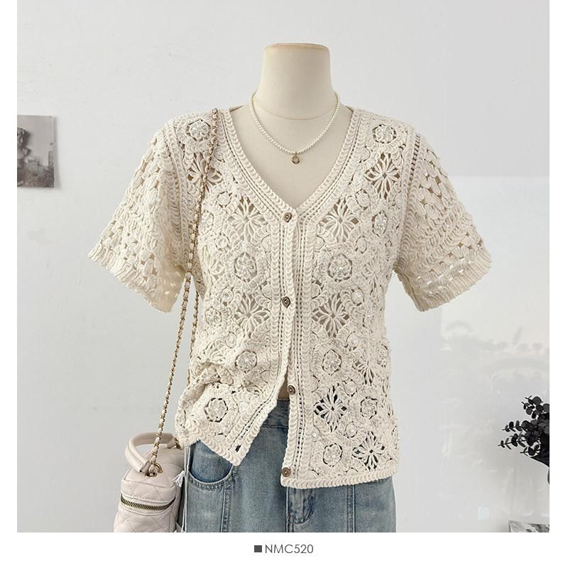 Button-Front Crochet Short Sleeve Top