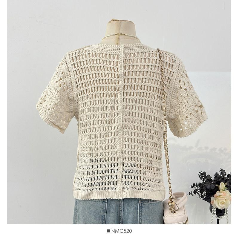 Button-Front Crochet Short Sleeve Top
