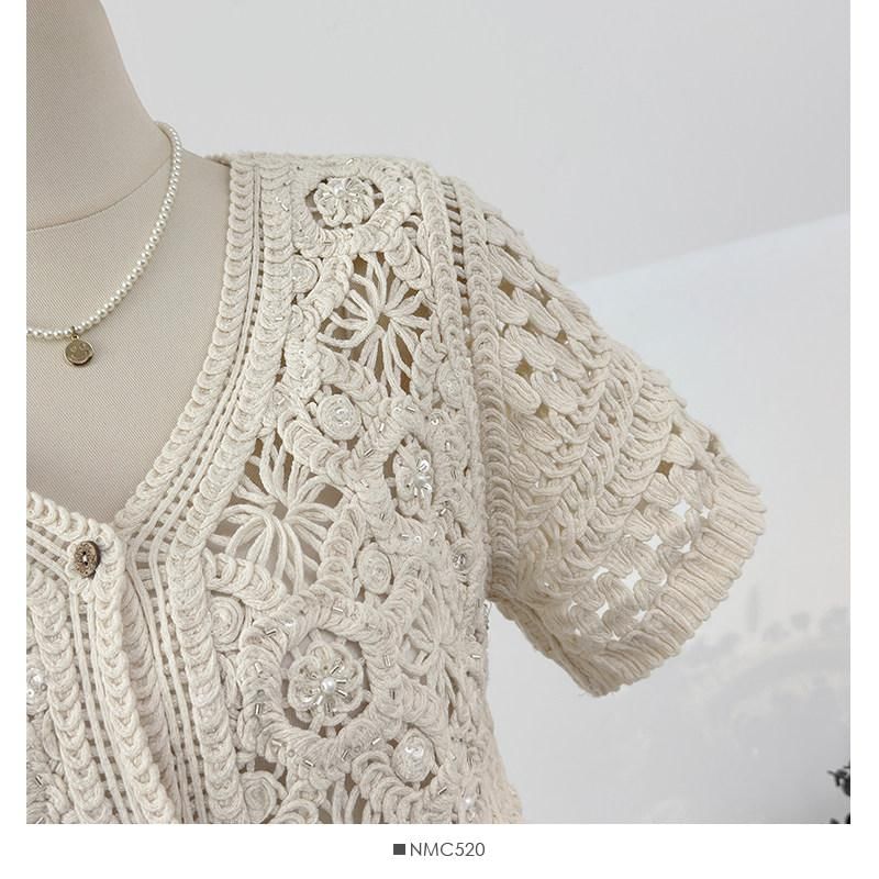 Button-Front Crochet Short Sleeve Top