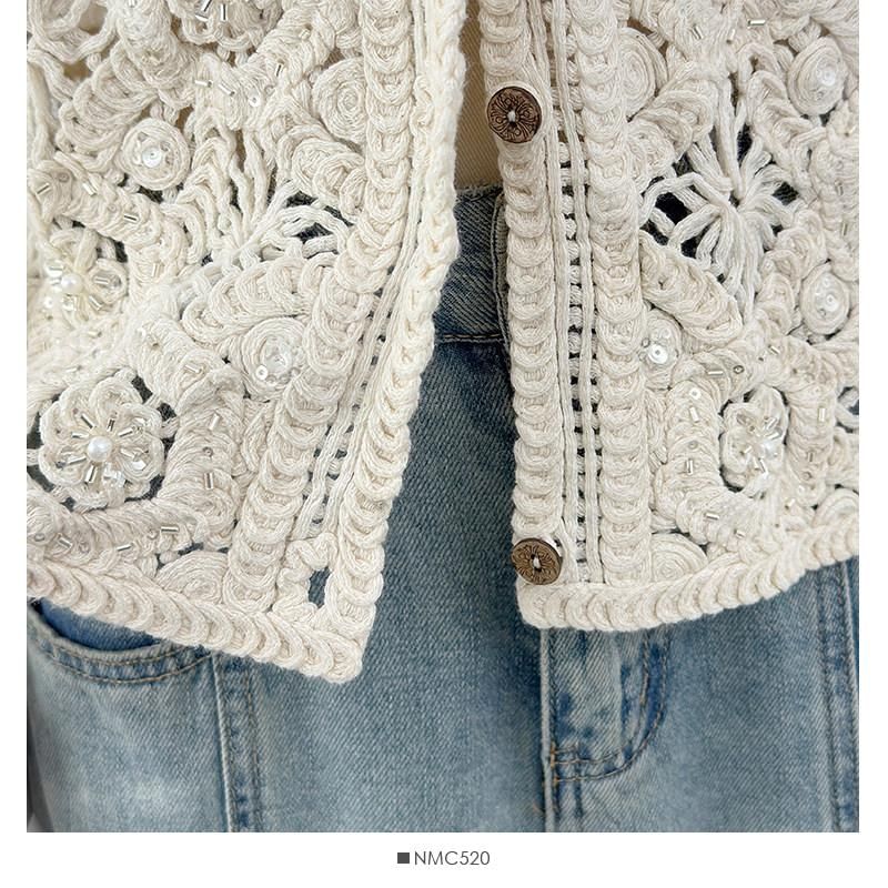 Button-Front Crochet Short Sleeve Top